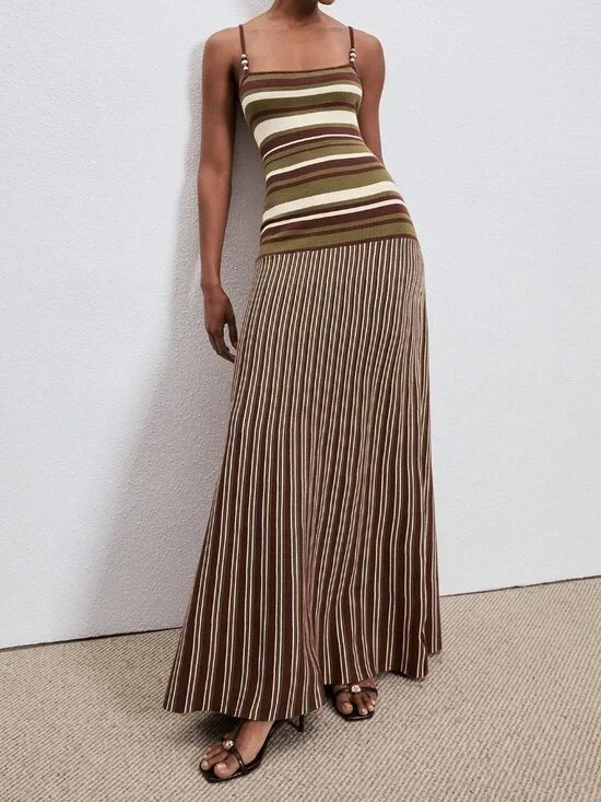 Olive Green Casual Striped Women's Camisole Dress with Beaded Shoulder Straps - Picture 4 of 6